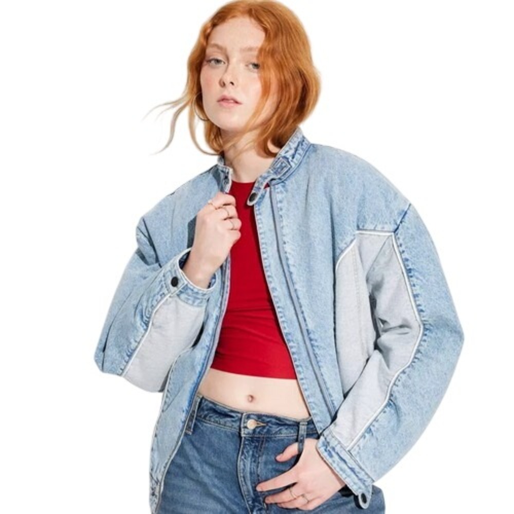 Wild Fable Acid Wash Paneled Zip Up Mock Neck Denim Bomber Jacket Size XS